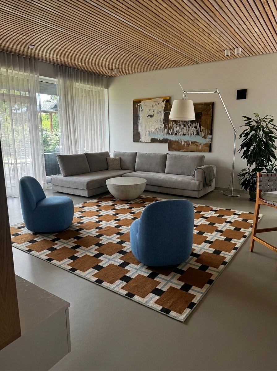 Elegantiškas svetainės interjeras su raudonais aksominiais foteliais, juoda sofa ir parketo grindimis